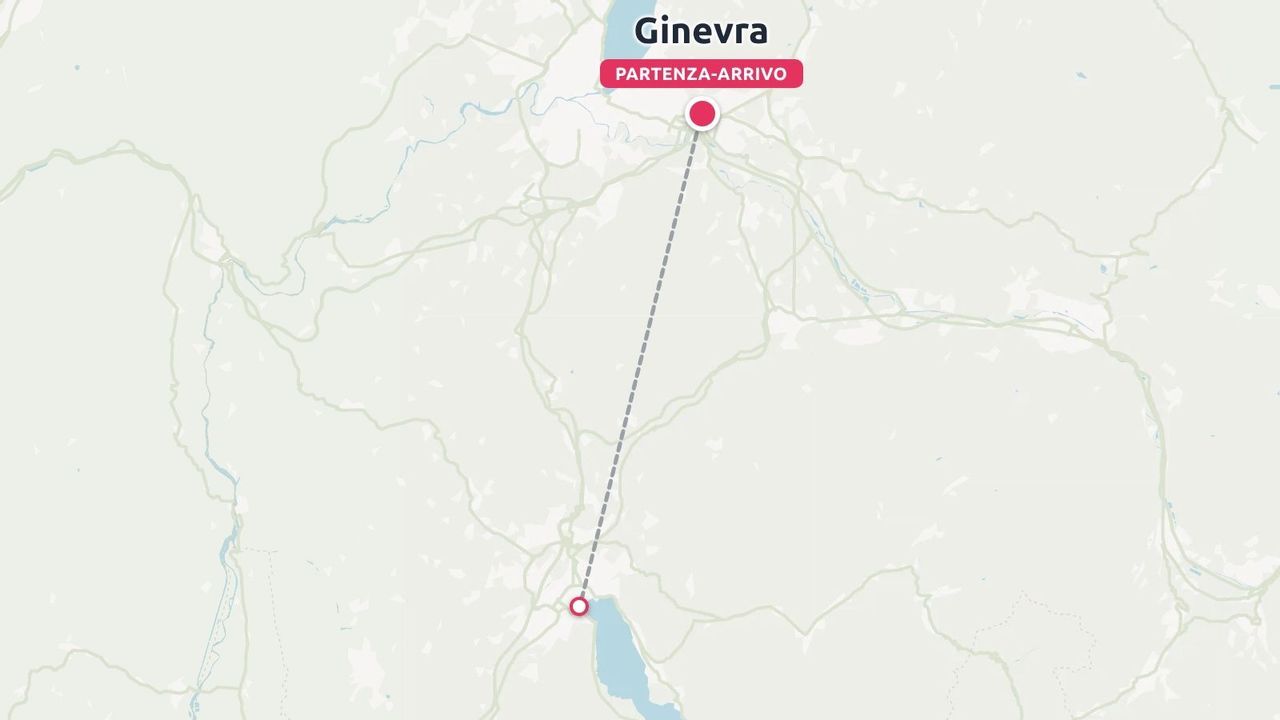 Mappa di viaggio che evidenzia un itinerario con partenza e arrivo segnati a Ginevra.