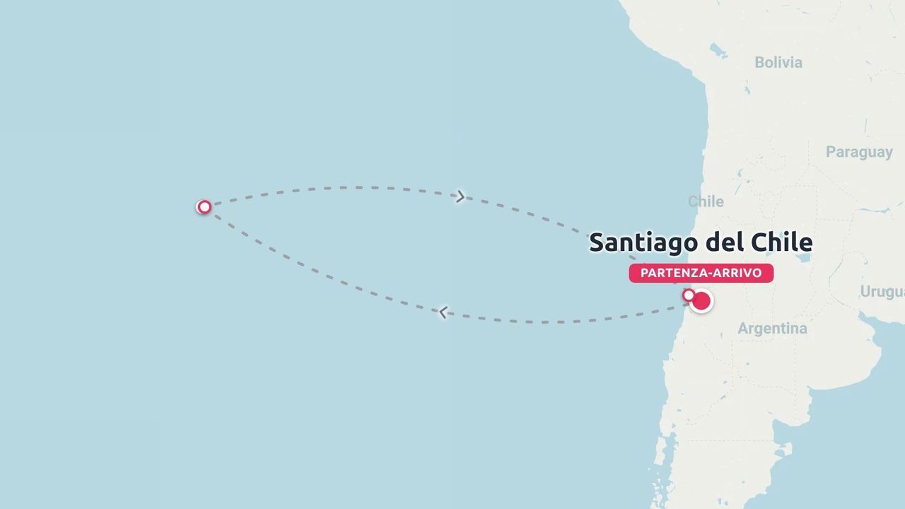 Una mappa che mostra una rotta di volo di andata e ritorno che collega Santiago del Cile a un'isola nel Pacifico