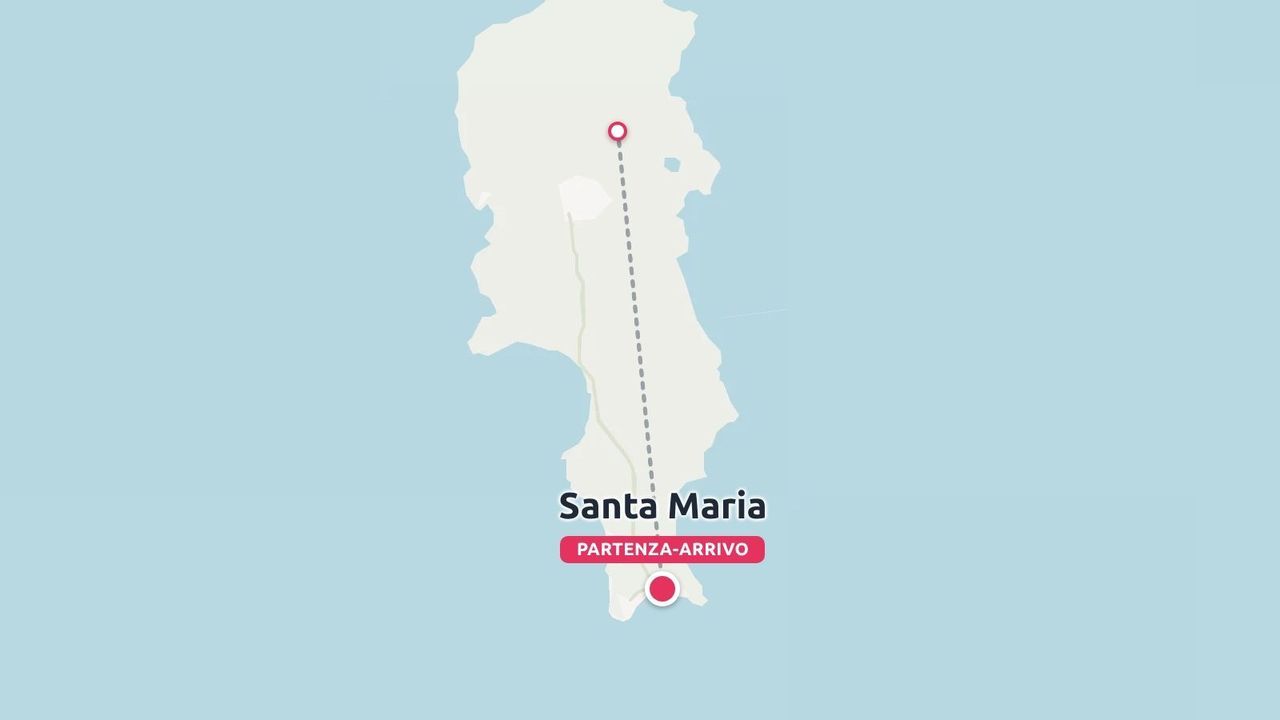 Una mappa che illustra un itinerario di viaggio con partenza e arrivo a Santa Maria e una linea tratteggiata che punta a nord.