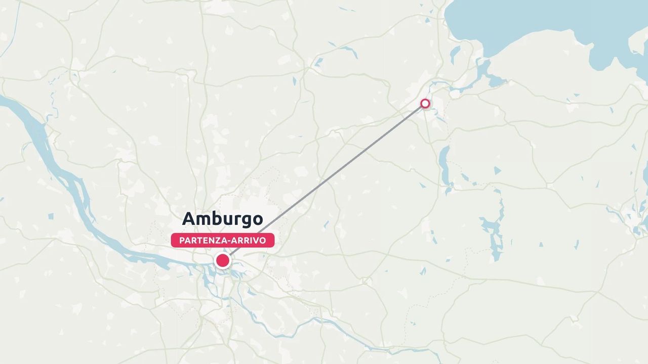 Una mappa di itinerario di viaggio che mostra una linea di destinazione con partenza e arrivo ad Amburgo.