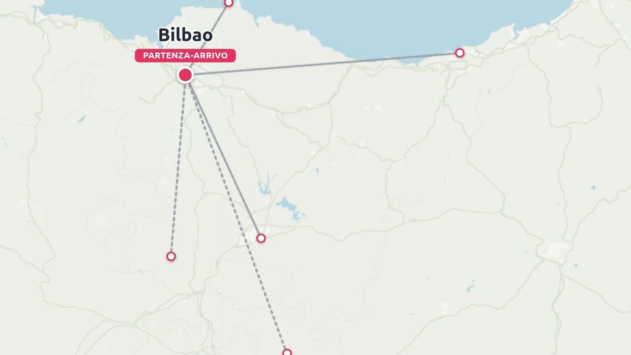 Una mappa di itinerario di viaggio che mostra i collegamenti dei percorsi con centro Bilbao come destinazione di partenza e di arrivo