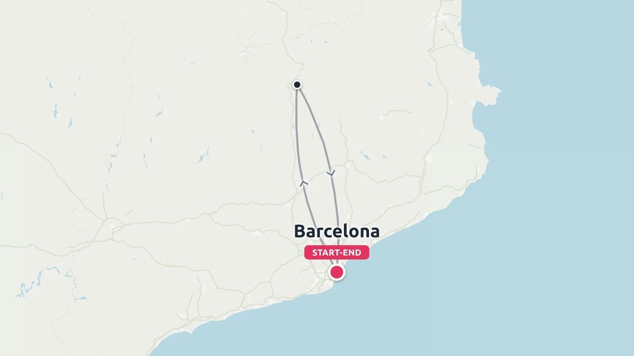 Travel itinerary map showing a route starting and ending in Barcelona.