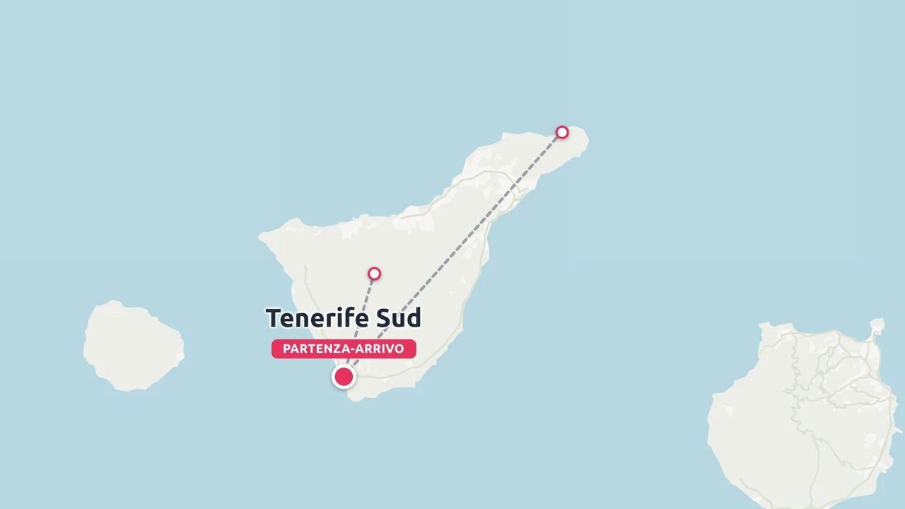 Una mappa di viaggio di Tenerife che mostra gli itinerari e i punti di passaggio, con partenza e arrivo fissati a Tenerife Sud.