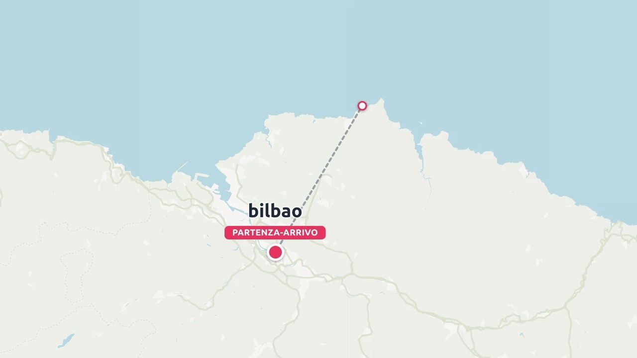 Una mappa che mostra un itinerario di viaggio con partenza e arrivo a Bilbao e che si estende verso la costa settentrionale.