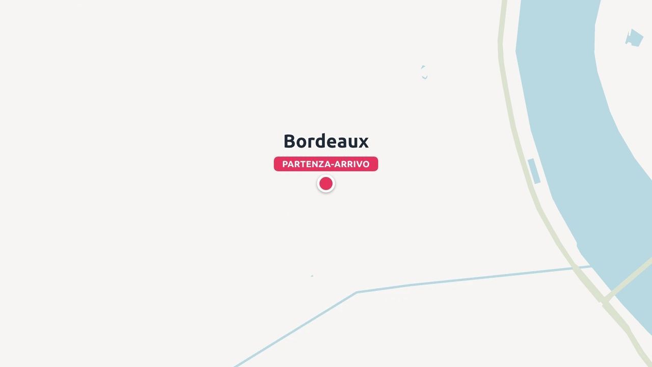 Una mappa di viaggio che mostra Bordeaux contrassegnata da un pin rosso che indica il punto di partenza e di arrivo vicino a un fiume
