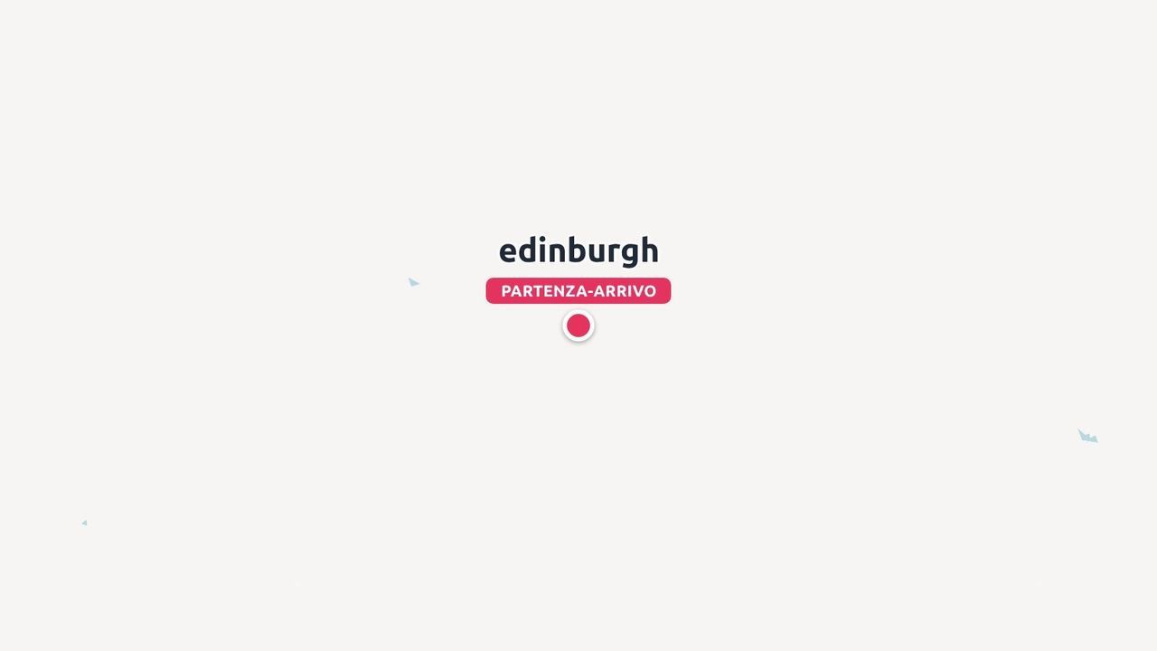Un punto sulla mappa che segna Edimburgo etichettato come partenza arrivo con un pin a cerchio rosso su uno sfondo semplice
