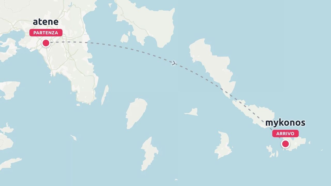 Mappa che mostra un itinerario di viaggio con una linea tratteggiata che collega Atene come partenza a Mykonos come arrivo