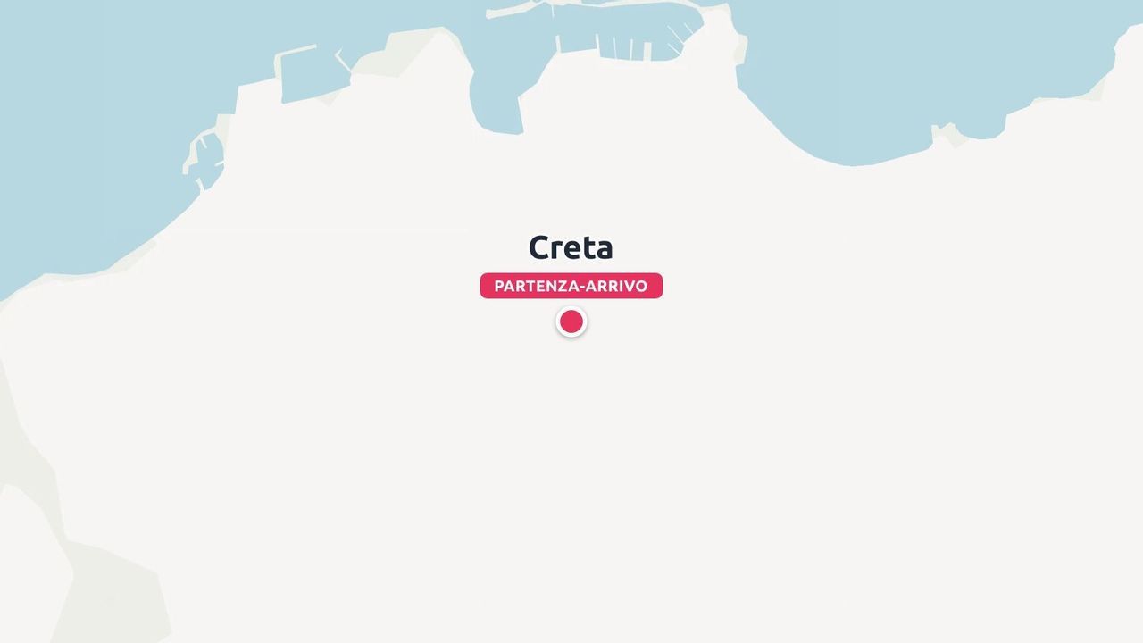 Una mappa minimalista di Creta con un marcatore rosso etichettato partenza-arrivo che indica partenza e arrivo.