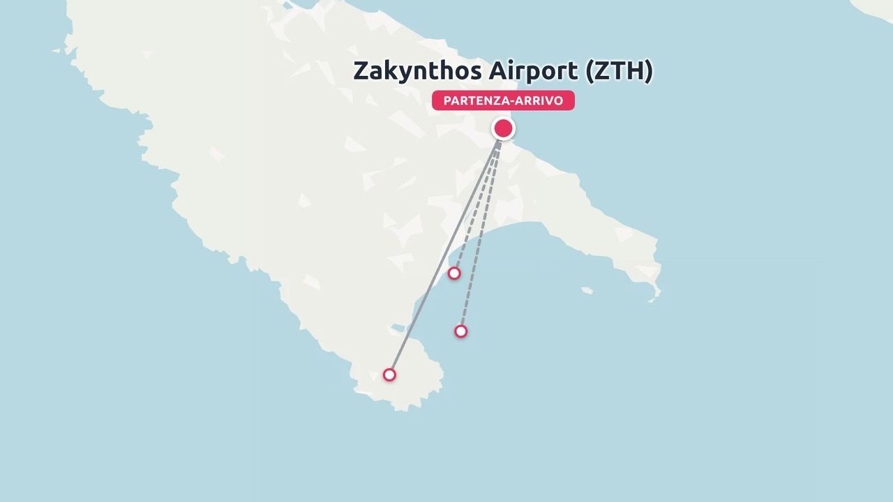 Una mappa dell'itinerario di viaggio di Zante che mostra vari punti di destinazione collegati all'aeroporto di Zante (ZTH).