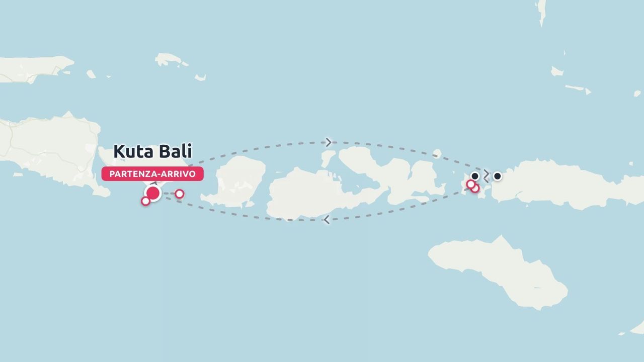 Una mappa del percorso di viaggio che mostra un itinerario ad anello con partenza e ritorno a Kuta Bali attraverso le isole indonesiane