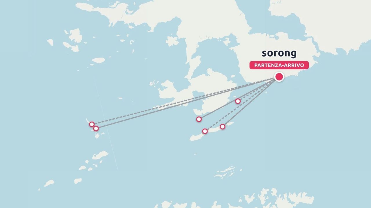 Una mappa dell'itinerario di viaggio che mostra la partenza e l'arrivo a Sorong con waypoint collegati tra le isole vicine