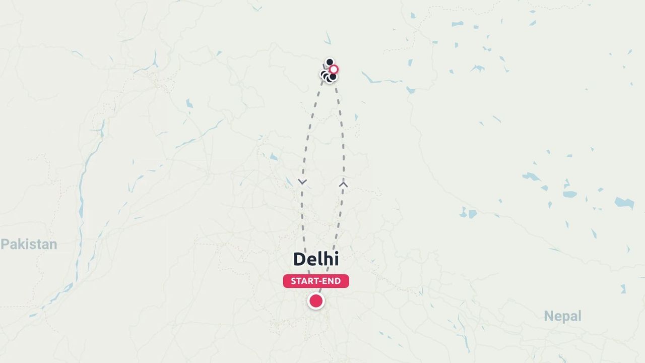 Travel map showing a round-trip route starting and ending in Delhi, extending north to northern destinations.
