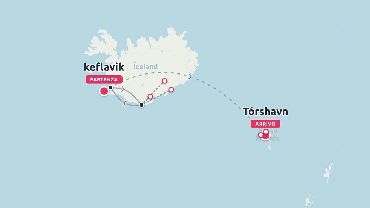 Mappa dell'itinerario di viaggio con partenza da Keflavik, in Islanda, e arrivo a Tórshavn, nelle Isole Faroe.