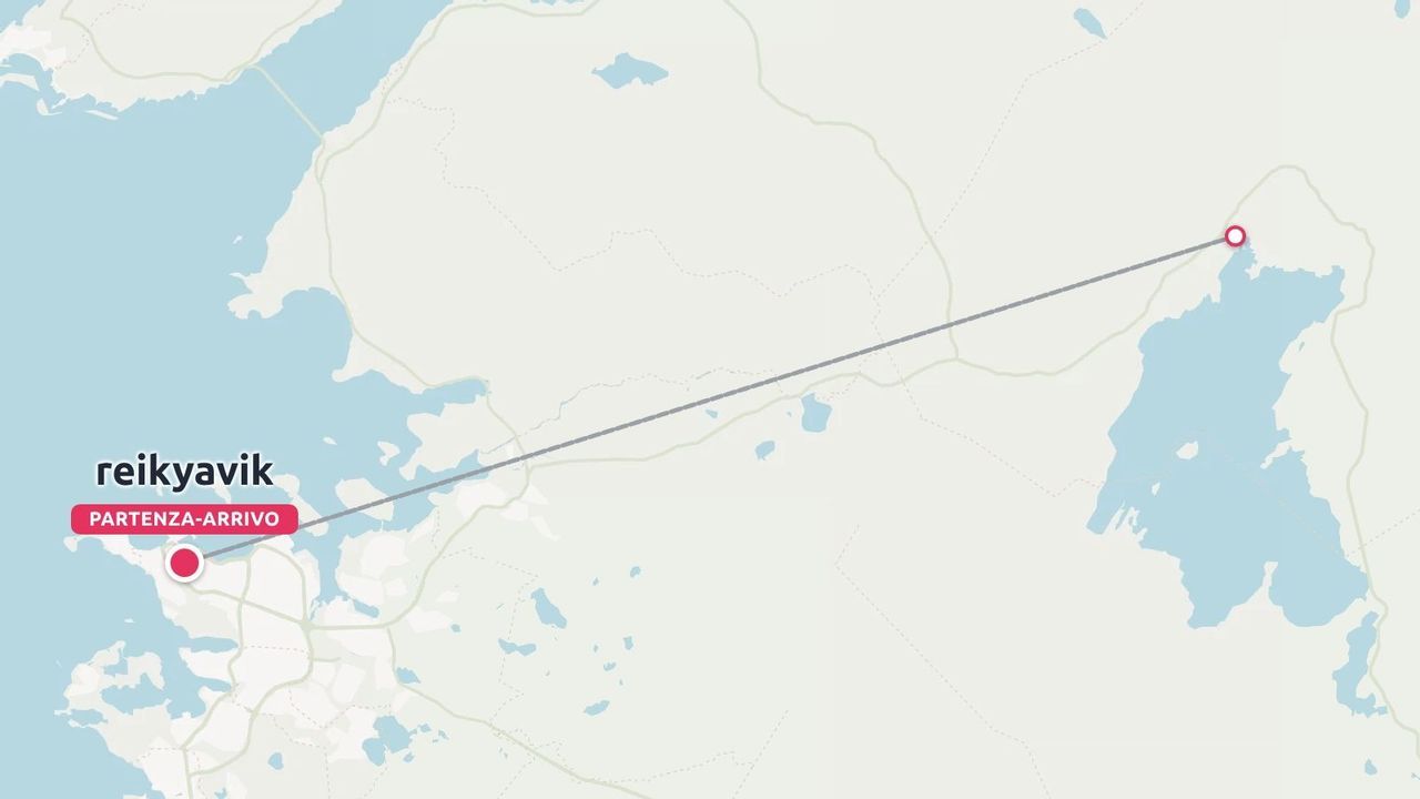 Una mappa di un itinerario di viaggio che mostra un percorso rettilineo con partenza e arrivo a Reykjavik e collegato a una destinazione nord-orientale.