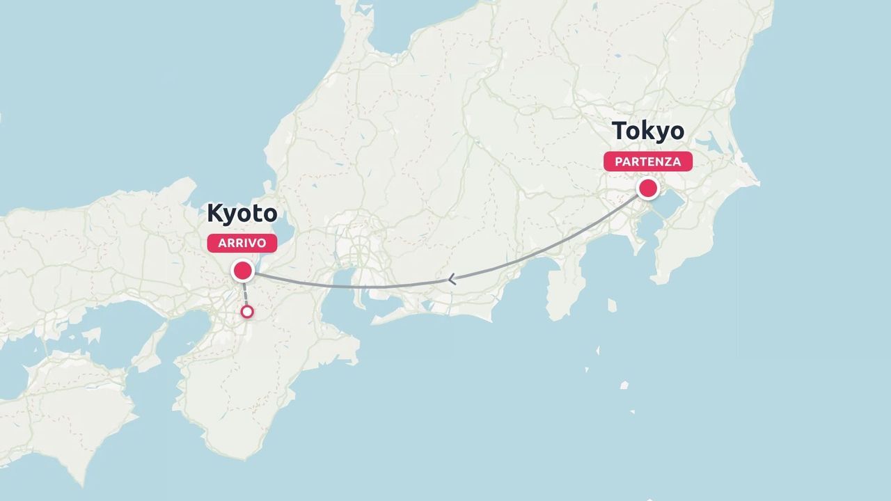 Una mappa dell'itinerario di viaggio che mostra un percorso che inizia a Tokyo e termina a Kyoto.