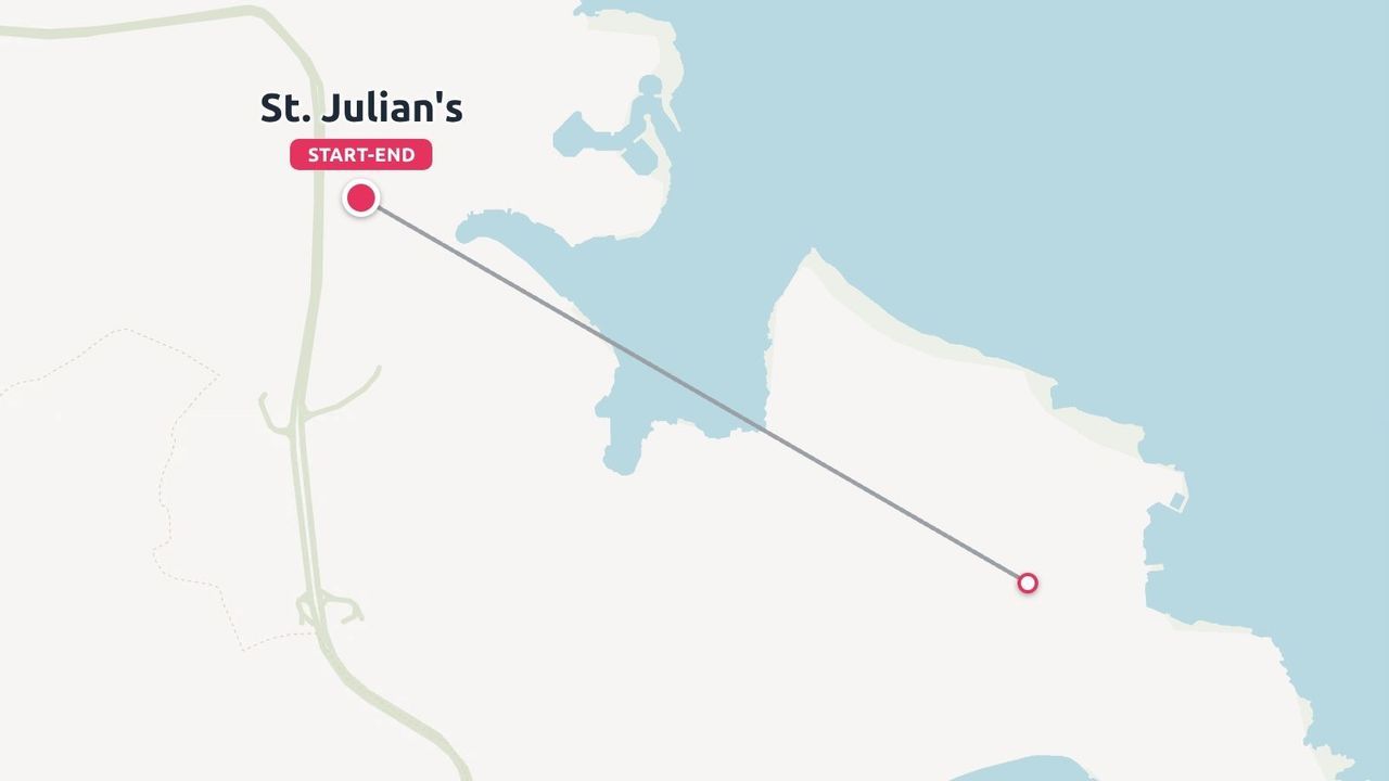 A travel itinerary map displaying a route starting and ending in St. Julian's along the coastline.