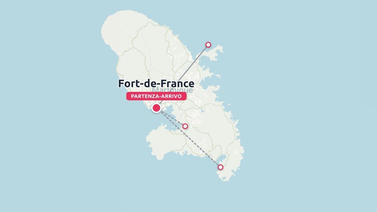 Una mappa dell'itinerario di viaggio della Martinica che indica Fort-de-France come punto di partenza e di arrivo.