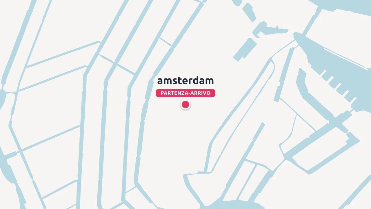 Una mappa semplificata di Amsterdam che mostra i canali, con un marcatore rosso di partenza e arrivo.