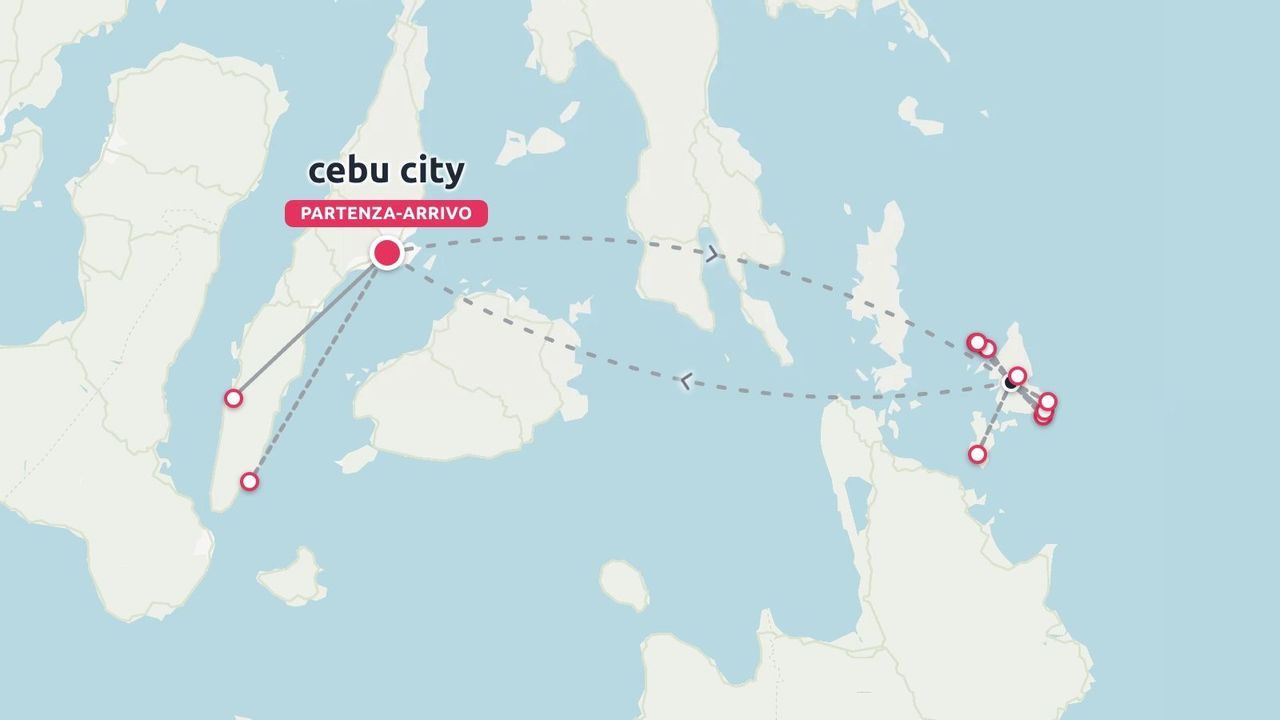 Una mappa dell'itinerario di viaggio con partenza e arrivo a Cebu City attraverso varie isole filippine
