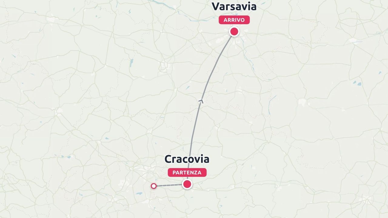 Una mappa dell'itinerario di viaggio che mostra un percorso con partenza da Cracovia e arrivo a Varsavia.