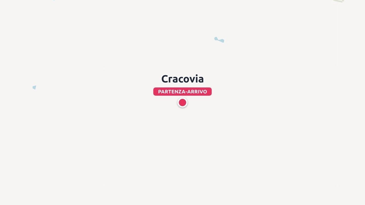 Un marcatore di mappa di viaggio che indica Cracovia come punto di partenza e di arrivo su uno sfondo minimalista