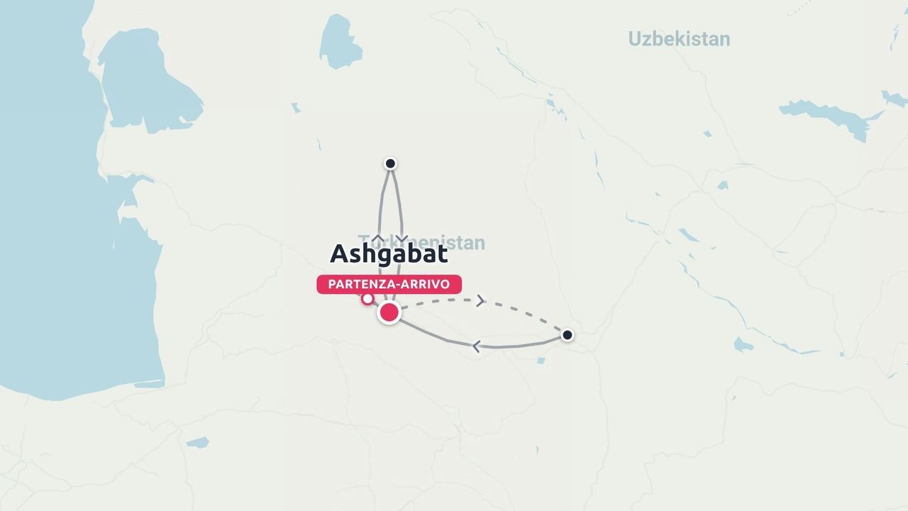 Mappa del percorso di viaggio che mostra un itinerario ad anello con partenza e arrivo ad Ashgabat, in Turkmenistan.