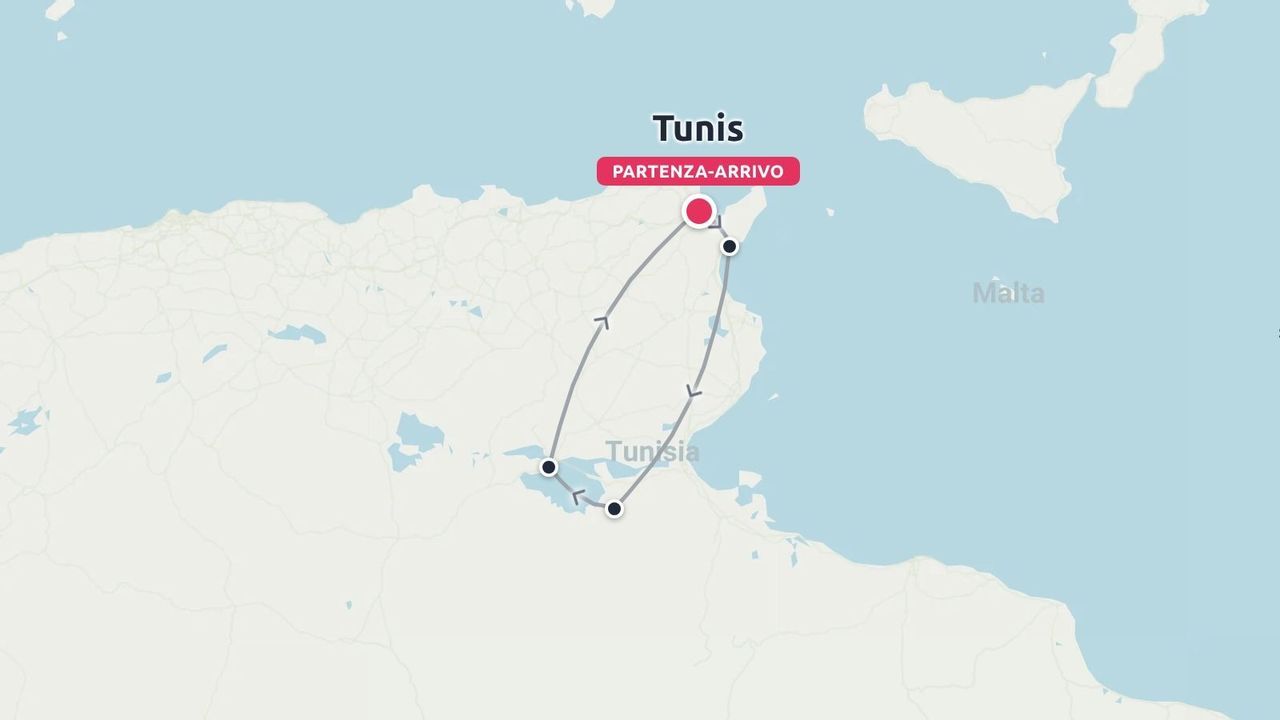 Mappa del percorso di viaggio della Tunisia che mostra un itinerario circolare con punti di partenza e arrivo segnati a Tunisi