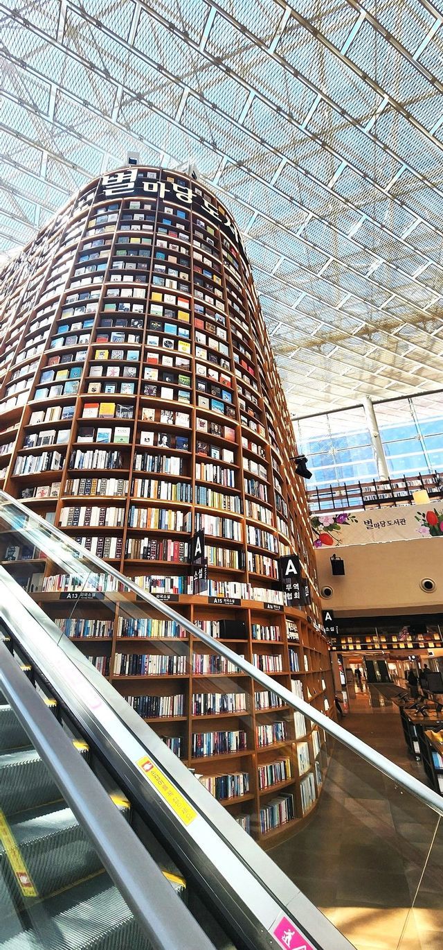 Un'imponente libreria ricurva, ricolma di libri, si innalza verso un soffitto di vetro in una biblioteca moderna, vista da una scala mobile adiacente.