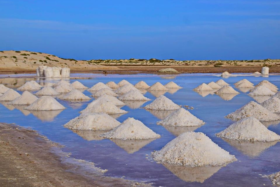 Cumuli conici di sale bianco giacciono nell'acqua bassa di una salina, riflettendo il cielo azzurro e limpido.