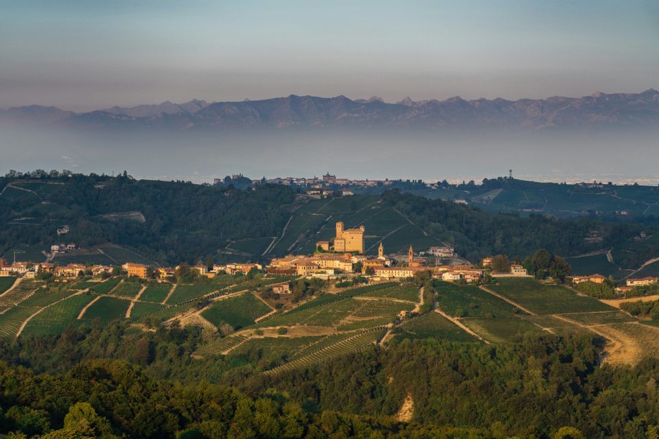 Un villaggio con un castello imponente si erge su dolci colline verdi coperte di vigneti, con una catena montuosa distante sullo sfondo.