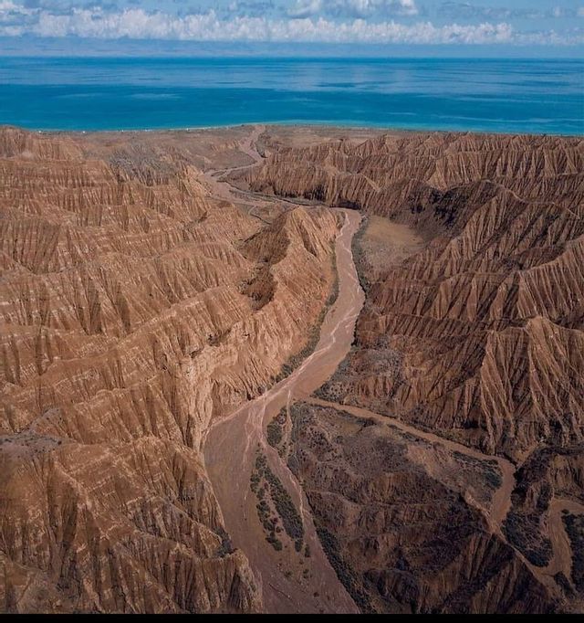 Una vista aerea di un fiume serpeggiante che scorre attraverso un grande canyon marrone eroso verso il mare sotto un cielo nuvoloso.