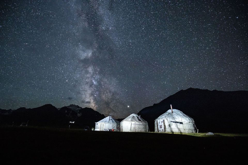 Tre yurte illuminate si ergono in un campo di notte sotto un cielo stellato che mostra la Via Lattea, con le montagne sullo sfondo.