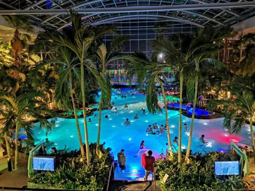 Un viaje en grupo de WeRoad nada en una gran piscina cubierta por la noche, iluminada por vibrantes luces azules y rodeada de altas palmeras.