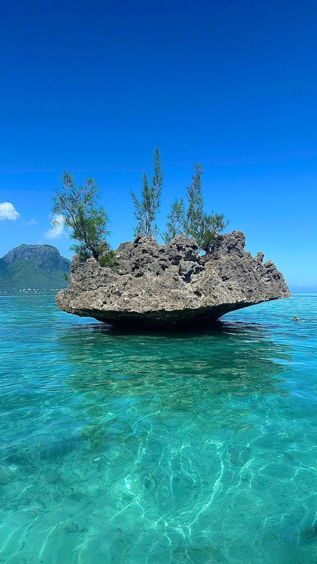 Una grande formazione rocciosa con alberi in cima si erge in acque limpide e turchesi, con una montagna distante sotto un cielo azzurro e luminoso.