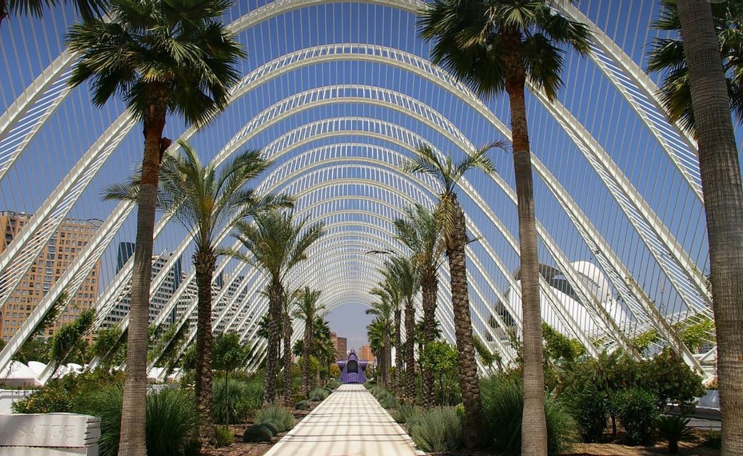 Una lunga passerella fiancheggiata da palme passa sotto una grande struttura architettonica bianca e ad arco contro un cielo azzurro.