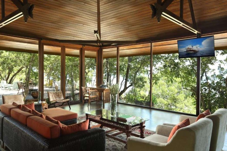 Eine moderne Lounge mit Holzdecke und Glaswänden bietet einen Ausblick auf einen dichten Wald und ist mit Sofas und einem Fernseher ausgestattet.