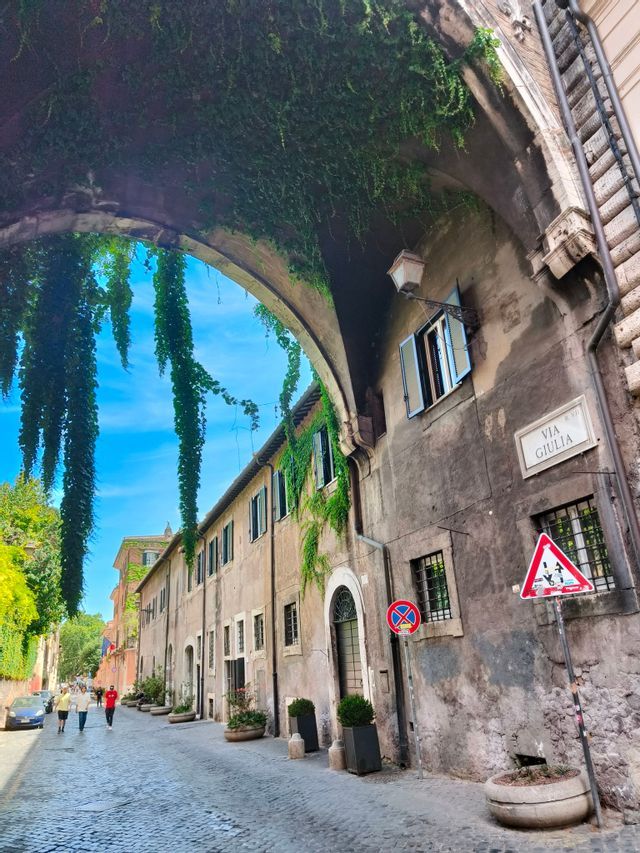 Un arco cubierto de hiedra se extiende sobre una estrecha calle empedrada, flanqueada por edificios históricos, bajo un cielo azul claro.