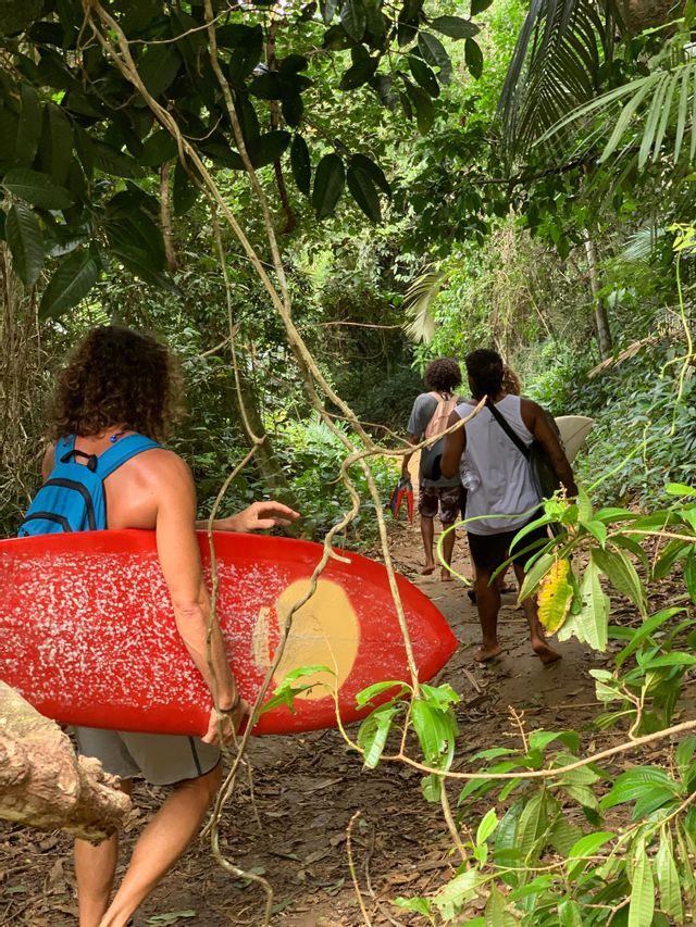 Eine WeRoad-Gruppe geht im Gänsemarsch mit Surfbrettern auf einem schmalen Feldweg durch einen üppigen grünen Dschungel.