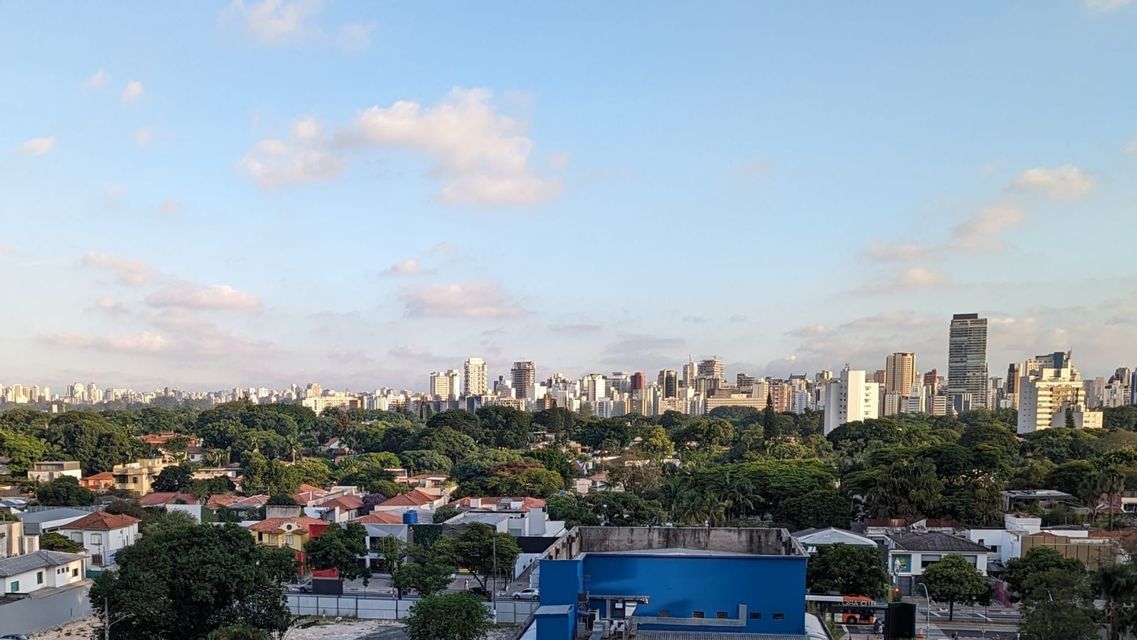 Un extenso paisaje urbano con un primer plano de árboles verdes y casas bajas, y un fondo de modernos rascacielos bajo un cielo azul.