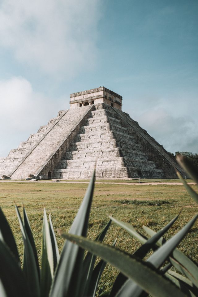 Eine große steinerne Stufenpyramide steht auf einem grasbewachsenen Feld unter einem teilweise bewölkten Himmel, mit unscharfen grünen, stacheligen Blättern im Vordergrund.