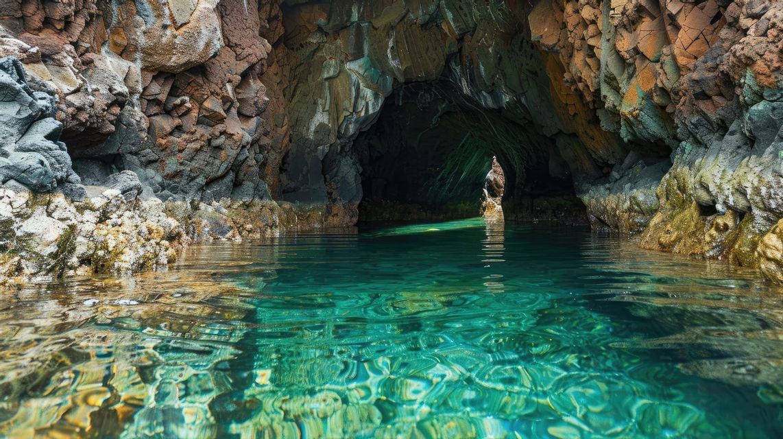 Agua turquesa cristalina dentro de una cueva marina oscura y rocosa, iluminada por un rayo de luz de la entrada.