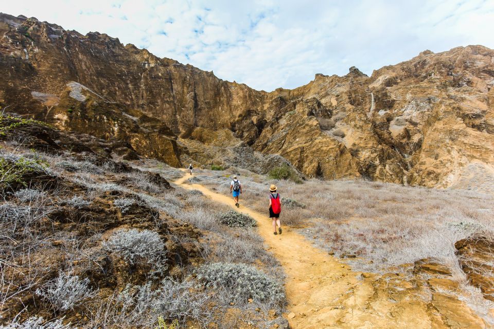 Un viaje en grupo de WeRoad camina por un sendero estrecho de tierra a través de un valle rocoso, con acantilados escarpados alzándose al fondo.