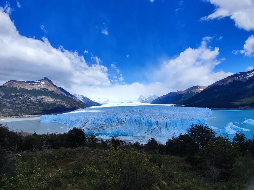 Un enorme ghiacciaio blu scorre in un lago turchese, con vegetazione verde in primo piano e montagne sotto un cielo parzialmente nuvoloso.
