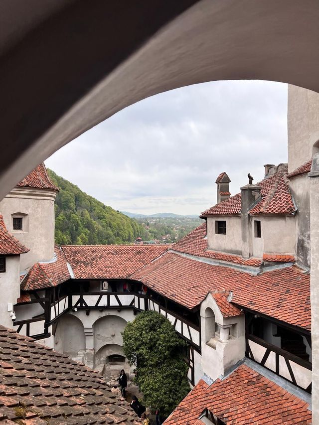 Una vista attraverso un arco in pietra di un cortile di castello con tetti in tegole rosse, con una rigogliosa collina verde e boscosa sullo sfondo.