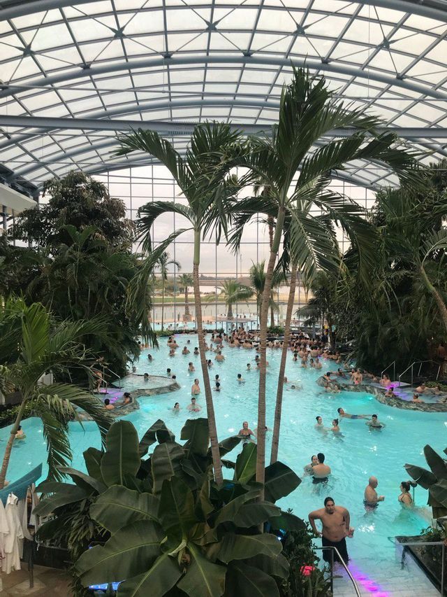 A high-angle view of many people relaxing in a large indoor swimming pool with palm trees under an arched glass roof.