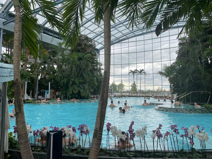 Persone che si rilassano in un'ampia piscina coperta circondata da palme e orchidee sotto una cupola di vetro.