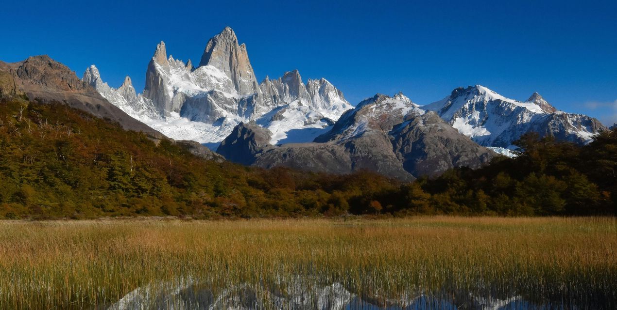 Vette montuose frastagliate e innevate dominano una foresta autunnale e un campo di canne dorate, riflettendosi nell'acqua sottostante.