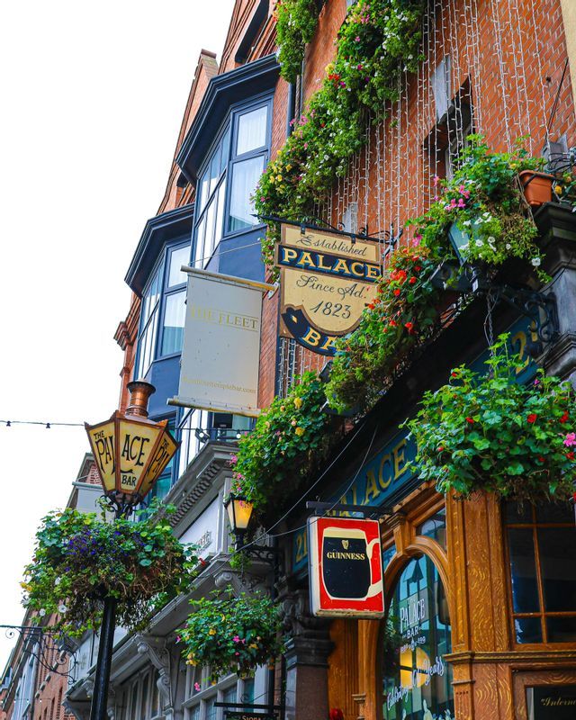 La facciata del The Palace Bar, un tradizionale pub irlandese con mattoni rossi, decorata con piante pendenti, fiori e insegne vintage.