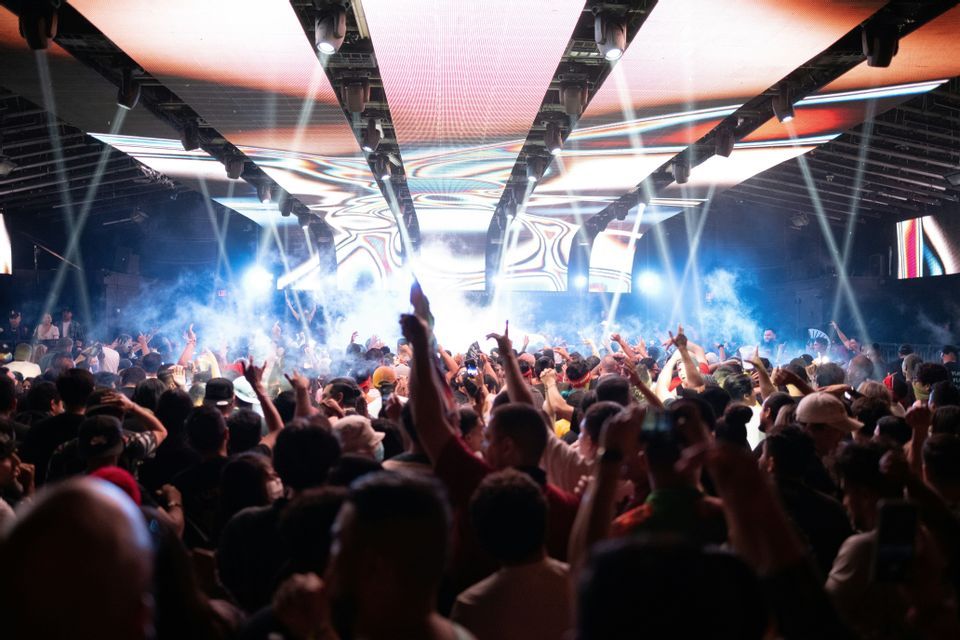 Una grande folla di persone, vista di spalle, che balla con le mani alzate a un concerto con luci brillanti del palco e fumo.