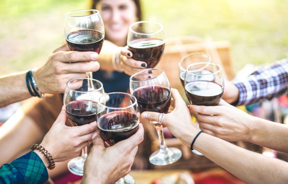 Un viaggio di gruppo WeRoad che brinda all'aperto con bicchieri di vino rosso.
